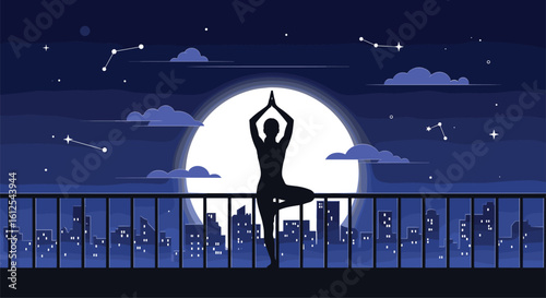 Serene Silhouette Performing Yoga Pose Under a Giant Full Moon Over a Cityscape at Night
