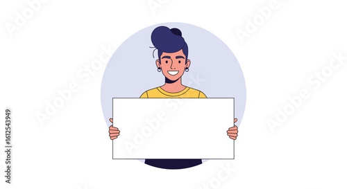 A cheerful young man with stylish hair holds a blank white sign in front of a light blue circle background