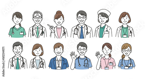 Diverse Group of Medical Professionals Illustrated with Caring Expressions and Professional Attire Ready to Serve Patients with Dedication