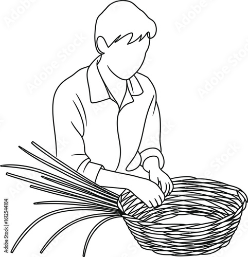 Person weaving a basket with natural materials in a line drawing style