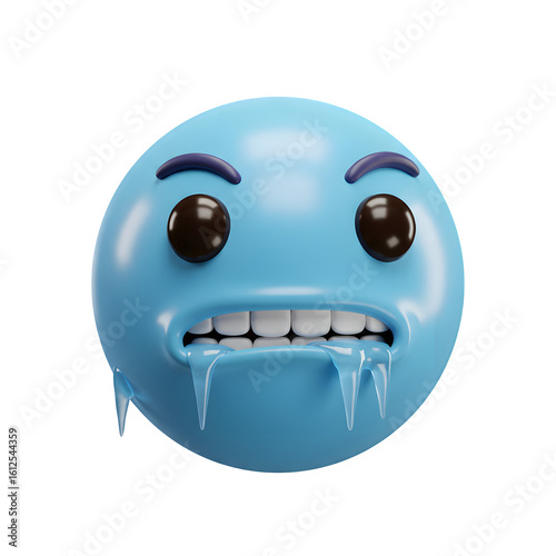 Freezing Blue Emoji Face 3D Render with Icicles – Isolated on White or Transparent Background
