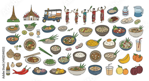 A Diverse Collection of Thai Food Dishes and Cultural Elements Showcasing Traditional Cuisine and Travel