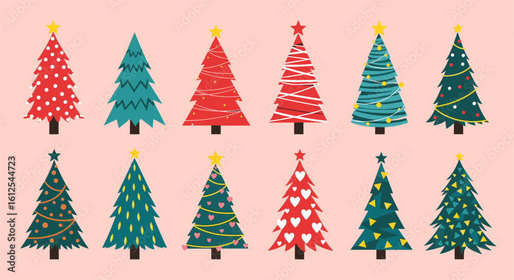 A Whimsical Collection of Ten Decorated Christmas Trees in Various Festive Patterns and Colors on a Soft Pink Background A Whimsical Collection of Ten Decorated Christmas Trees in Various Festive Patterns and Colors on a Soft Pink Background