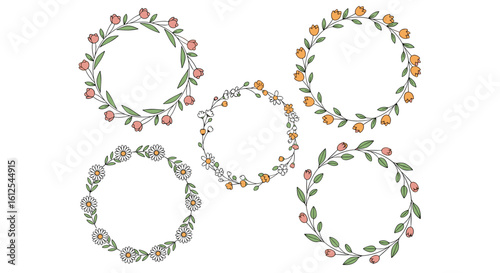 Wallpaper Mural Delicate Watercolor Floral Wreaths with Small Blossoms and Green Leaves for Elegant Designs Torontodigital.ca
