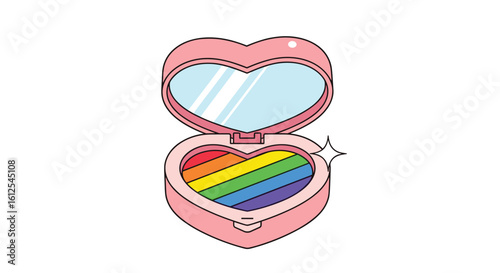 Adorning a Heart shaped compact mirror with a vibrant rainbow of cosmetic powders for a touch of playful elegance