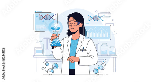 Scientific researcher examining a plant sprout with DNA helix patterns and data visualizations in a laboratory setting representing biotechnology and genetic engineering advancements