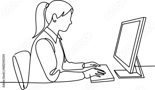 Woman working on computer at desk in simple line drawing style
