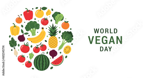 Celebrating World Vegan Day with a Vibrant Collection of Fresh Fruits and Vegetables Promoting a Healthy Lifestyle and Plant Based Eating