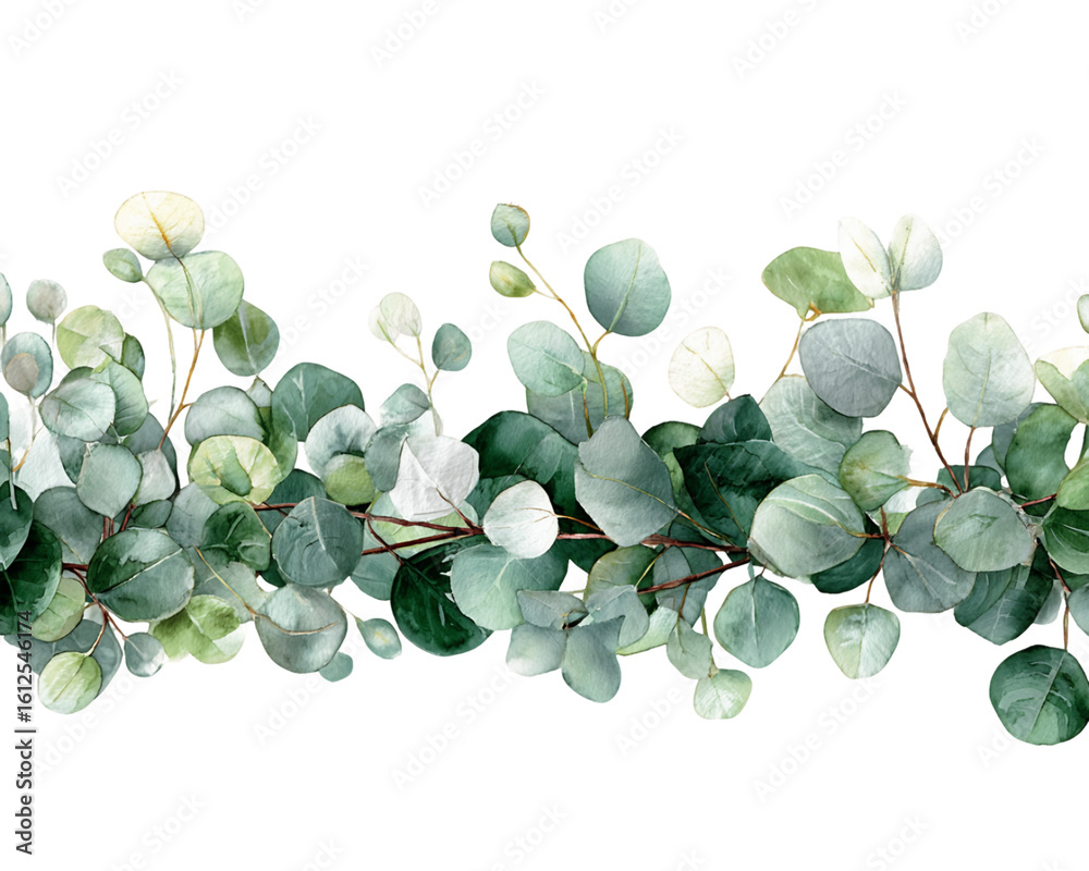 Obraz premium Watercolor Eucalyptus Branch Border with Green and Gray Leaves, PNG