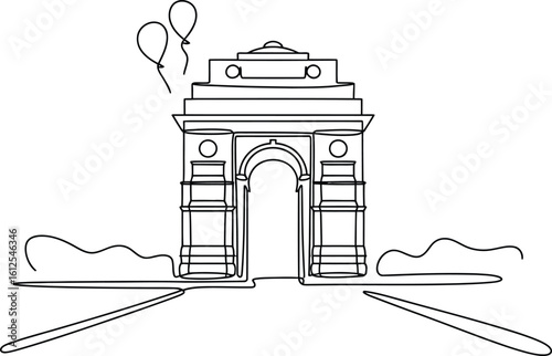 Hand drawn sketch of india gate monument with balloons and abstract landscape