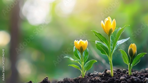 Fototapeta Naklejka Na Ścianę i Meble -  Three yellow flowers in a garden with green leaves and a blurred background.