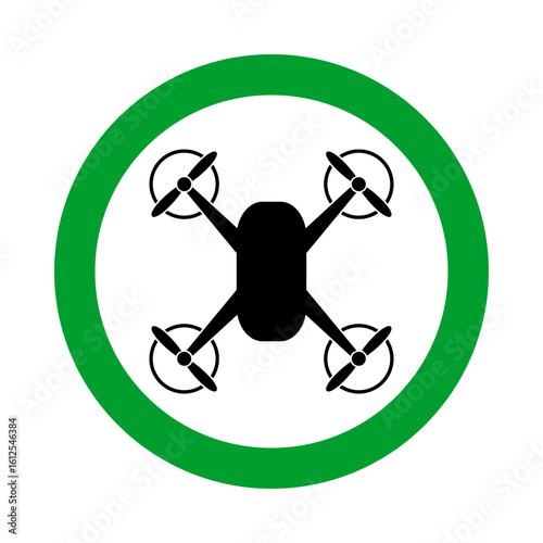 drone allowed, quadrocopter in green circle pictogram, flying free zone round vector icon