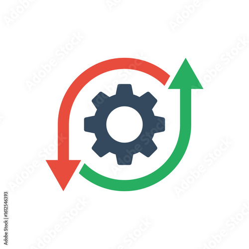 gear with green up and red down arrows, increase productivity pictogram, efficiency growth icon, Improvement process sign
