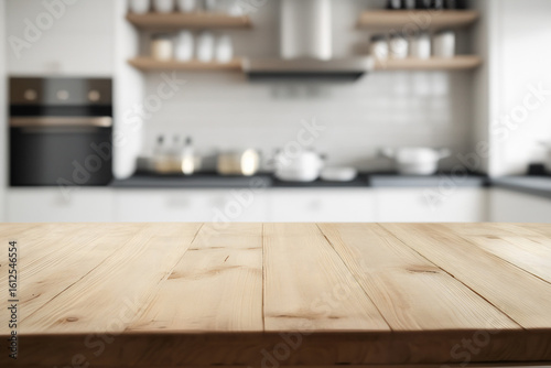 Empty wooden tabletop with blurred kitchen background and copy space for interior, home, domestic, furniture, cooking, house, room, counter design