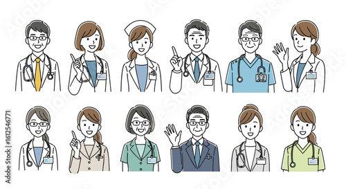 Collection of Diverse Medical Professionals Posing Friendly and Confident in Various Attire Showing Expertise and Dedication