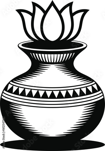 Traditional indian kalash pot with lotus flower illustration