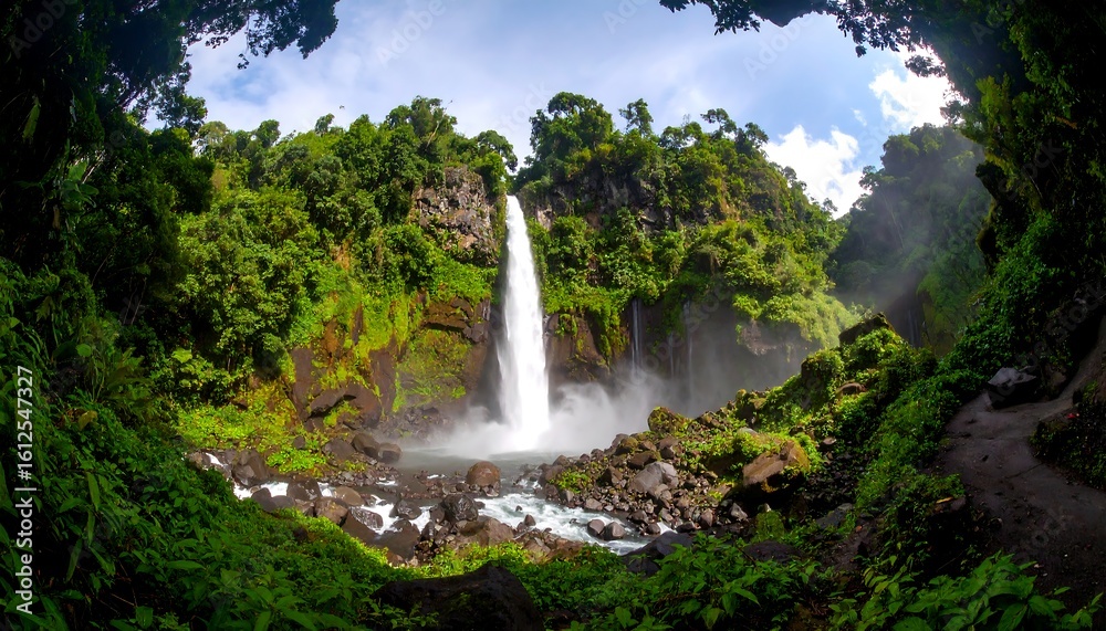 Obraz premium Majestic waterfall cascading amidst verdant tropical foliage in a breathtaking scene of natural
