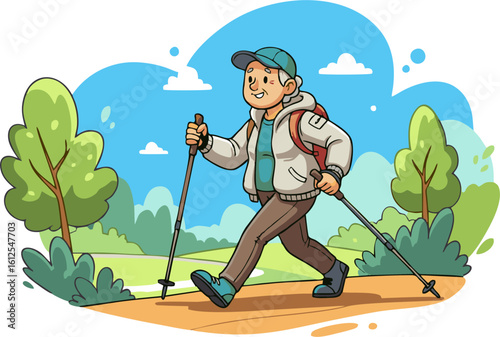 Cheerful Senior Hiking with Trekking Poles in a Park