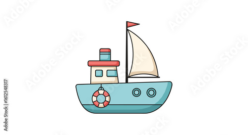 A Cute Cartoon Sailboat With A Life Ring Floating On The Water Ready For A Journey