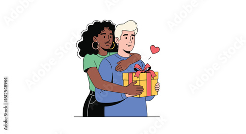 A loving couple celebrating a special occasion with a thoughtful gift and romantic gesture of affection
