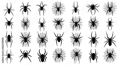 Variety of Spider Silhouettes and Web Designs Perfect for Halloween and Spooky Themes Black and White Vector