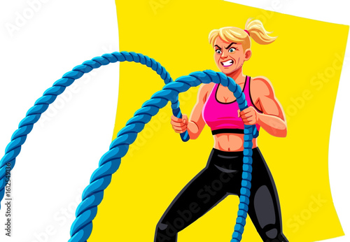 Determined blonde woman intensely working out with blue battle ropes, pink top