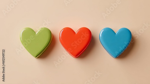 three fridge magnets shaped like hearts, each in a different vivid color, casually arranged on a clean pastel background, no shadows --ar 16:9 --raw --v 7 Job ID: 7b788f69-63dd-4c72-9734-d39e2c7ed59f