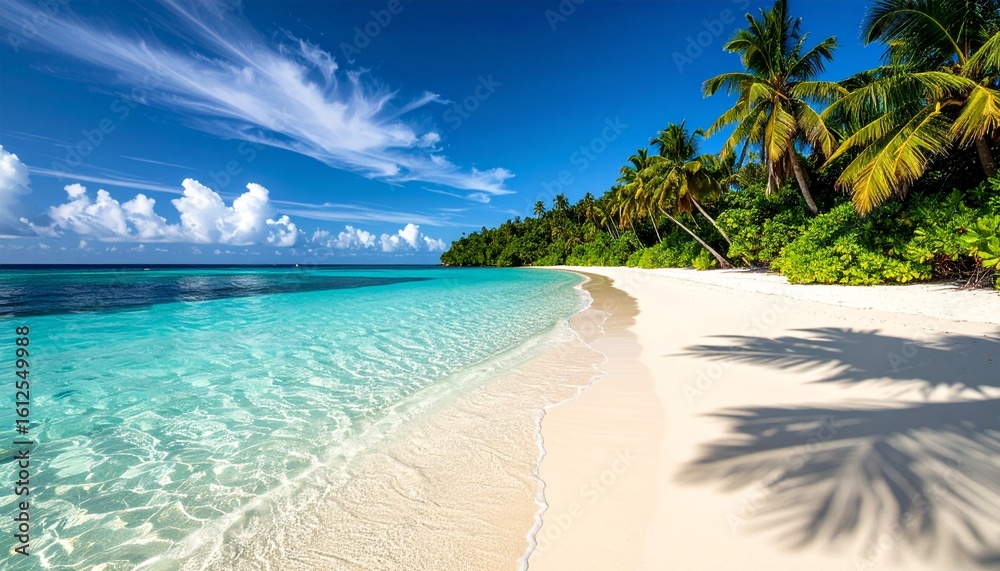 Fototapeta premium Beautiful Tropical Beach Paradise With Crystal Clear Turquoise Water Palm Trees and White Sand