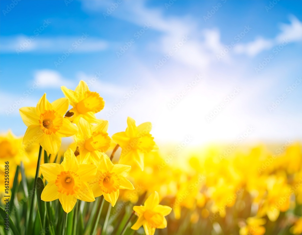 Fototapeta premium Bright yellow daffodils in a field, sunlit against a vibrant blue sky