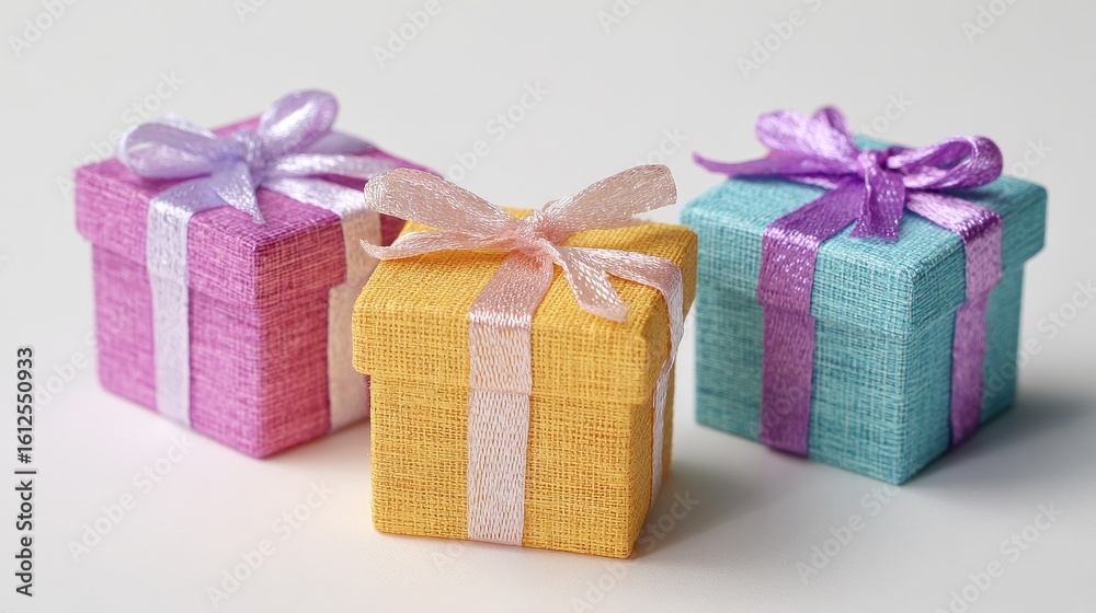 Obraz premium Three textured gift boxes in pink yellow and turquoise each with a contrasting ribbon bow arranged on a white surface