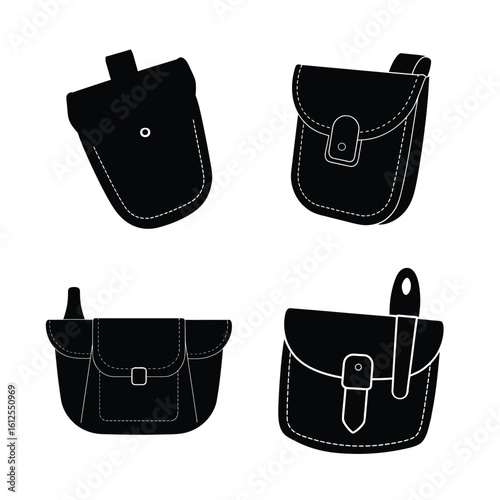 Tools & DIY Equipment Silhouettes – Tool Belt and Pouch Icon Set Isolated on White Background
