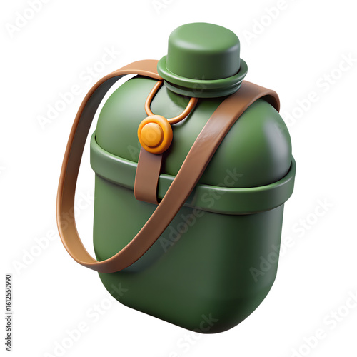 Vintage green army canteen with strap isolated on transparent background