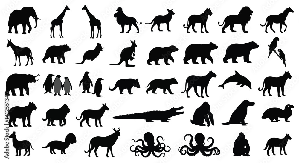 Fototapeta premium Silhouette Collection of Diverse Animals Wildlife Illustrations Isolated Against White Background A Comprehensive Vector Set