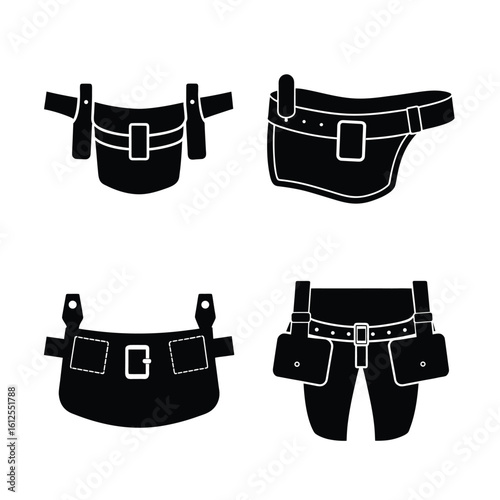 Tools & DIY Equipment Silhouettes – Tool Belt Icon Set, Black Vector Collection of Utility Belts and Pouches Isolated on White Background