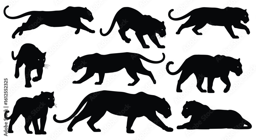 Naklejka premium Black Panther Silhouettes Collection Featuring Wild Cats in Various Poses on White Background Vector Illustration