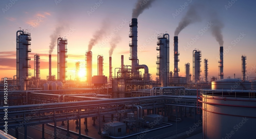 Fototapeta premium Industrial Power Plant with Smoking Chimneys at Sunset, Energy Production and Pollution