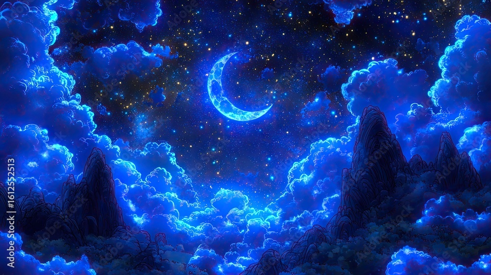 Fototapeta premium Crescent Moon and Night Sky with Clouds