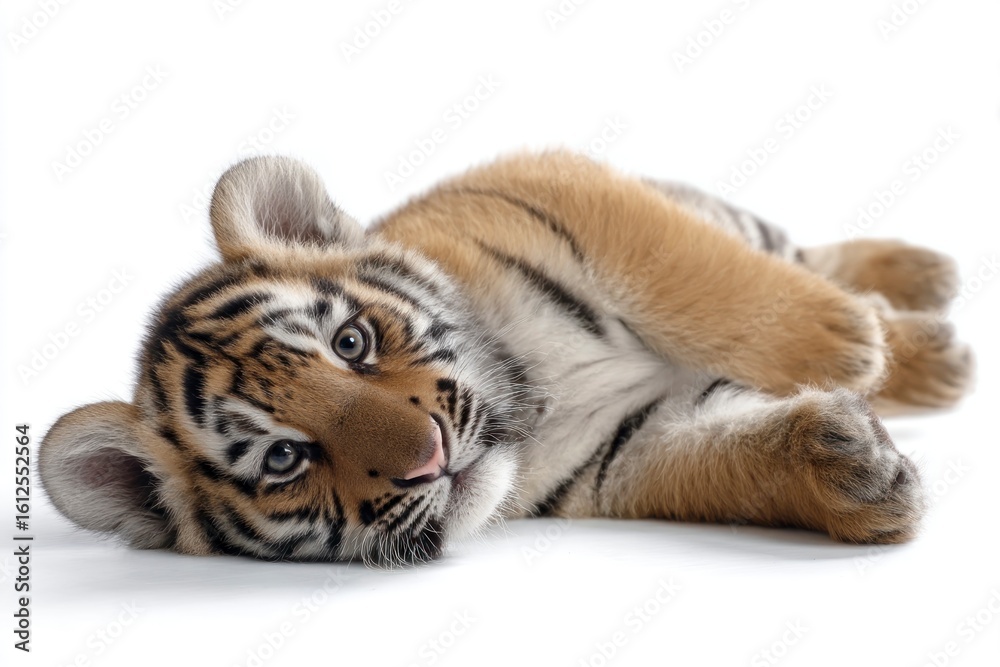 Fototapeta premium A tiger cub lies on its side displaying its distinctive stripes and bright eyes against a plain white background