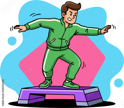 Energetic Cartoon Man Performing Aerobic Exercise on a Step Platform