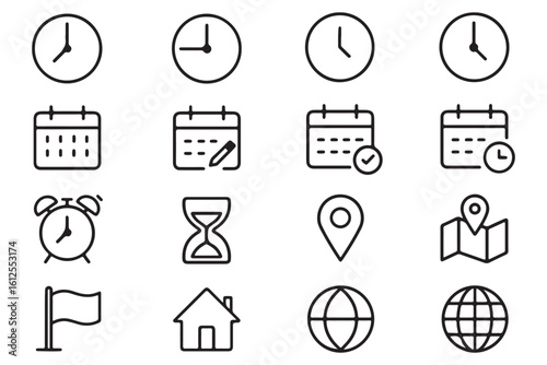 Time, date and address line icons set. Editable stroke for mobile and web. Isolated on white background. Vector illustration
