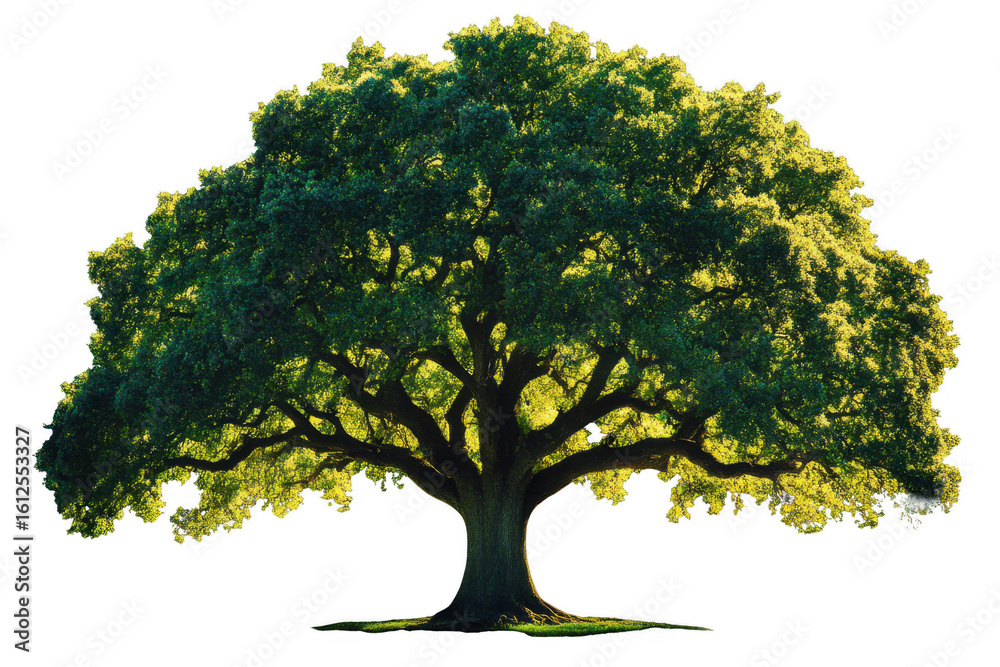 Obraz premium Large green tree with expansive branches and vibrant leaves creates serene atmosphere, symbolizing nature beauty and tranquility