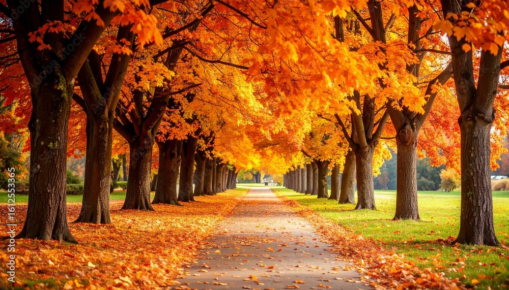 Naklejka premium An autumn path lined with trees displaying vibrant orange and yellow foliage.