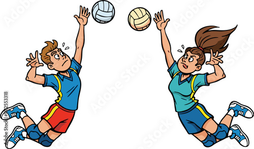 Energetic Cartoon Volleyball Players Leaping for the Ball