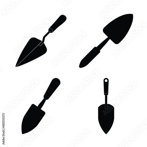 Tools & DIY Equipment Silhouettes – Trowel Icon Set, Black Vector Collection of Hand Tools for Gardening and Masonry Isolated on White Background