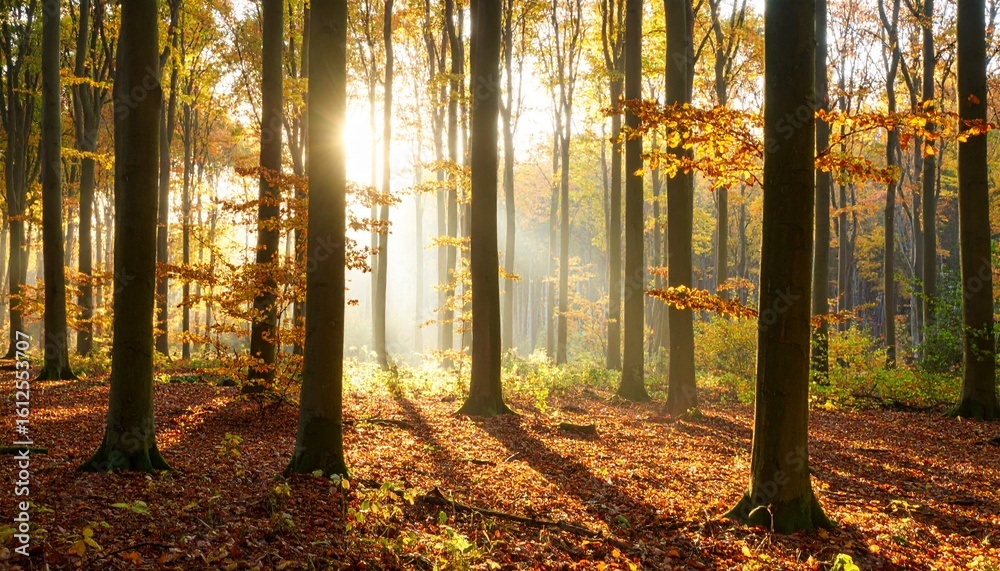 Fototapeta premium Sunlight streams through tall trees in a vibrant autumn forest, creating a beautiful scene.