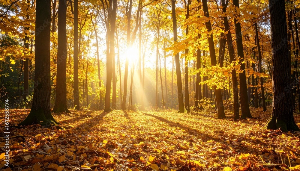 Obraz premium Sunlight streams through a forest of golden trees on a crisp autumn day.