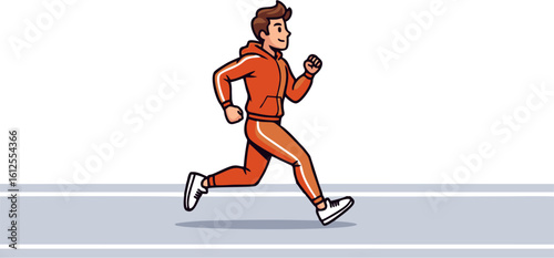 Energetic Runner in Orange Tracksuit on a Grey Running Track.