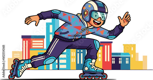 Energetic Rollerblader in Cityscape with Colorful Geometric Patterned Clothing