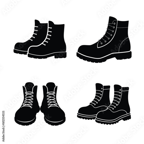 Tools & DIY Equipment Silhouettes – Work Boots Icon Set for Construction and Safety Isolated on White Background