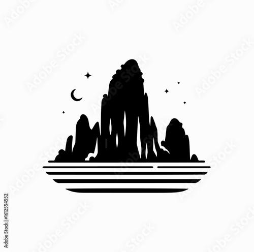 Minimalist Black Vector Logo of Limestone Karst Island with Calm Sea Line Isolated on White Background	